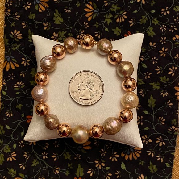 Radiant Honora Ming Pearl and Italian Rose Gold Bronze Bead Bracelet, 6.5" - Picture 7 of 13